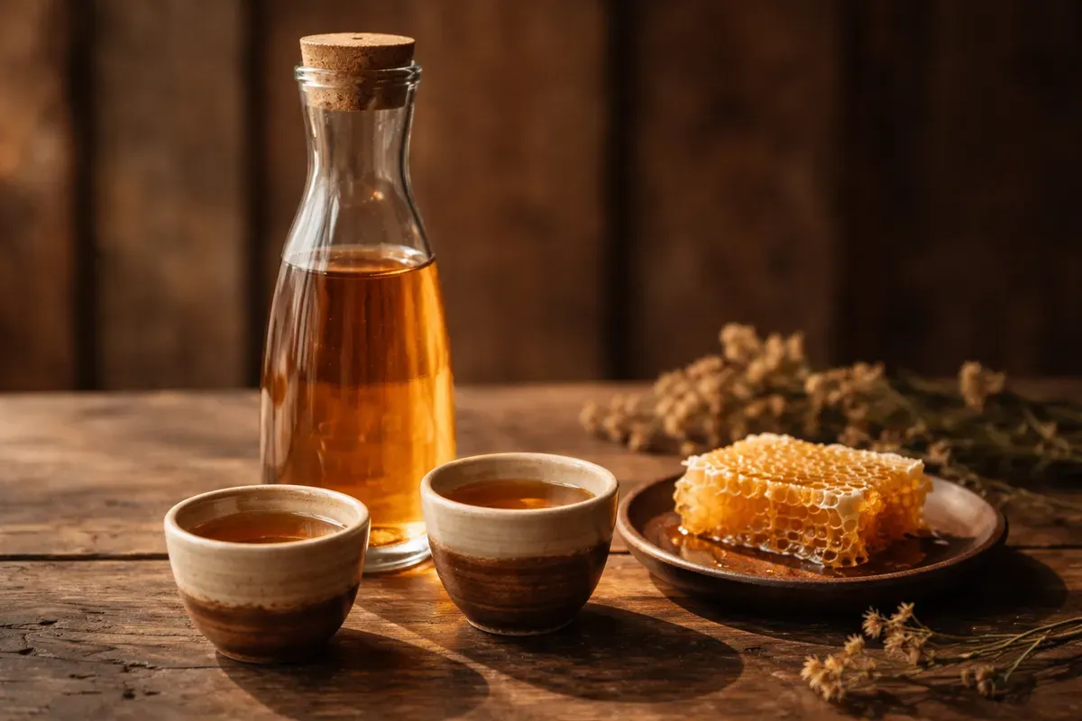 Grande carafe en verre de medovoukha ambrée, bouchée de liège, posée sur une table en bois avec deux petites coupes en céramique remplies et un rayon de miel dans une assiette en bois