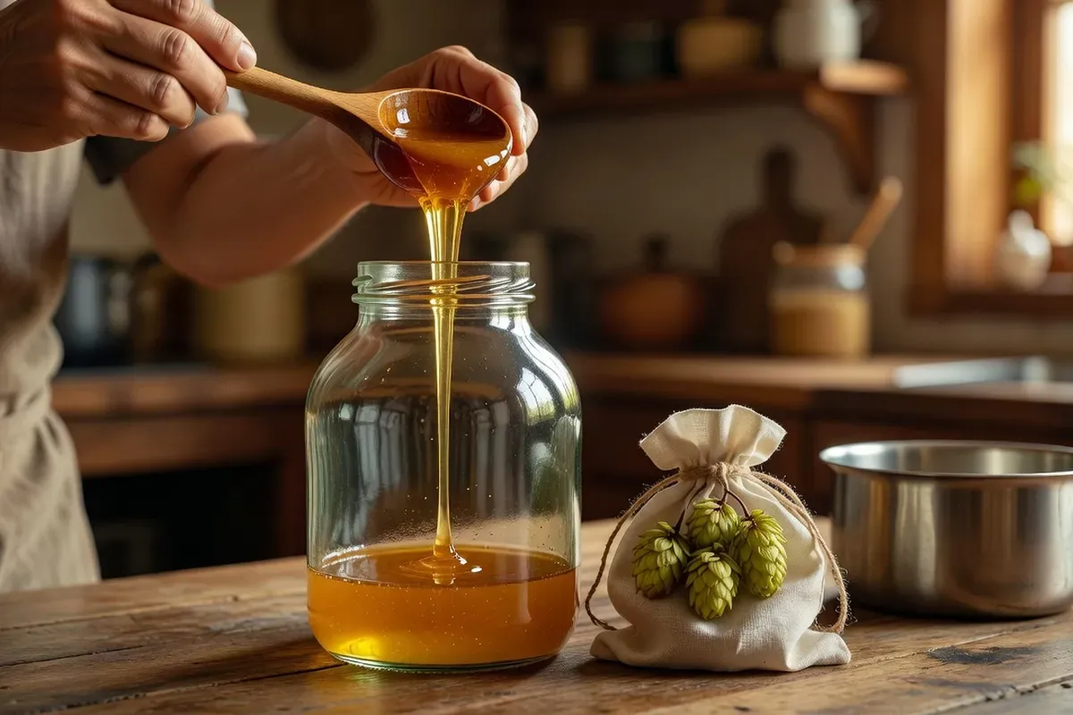 Mains versant lentement du miel liquide doré d'une louche dans une grande bonbonne en verre posée sur une table de cuisine en bois, à côté d'un sachet de mousseline contenant du houblon