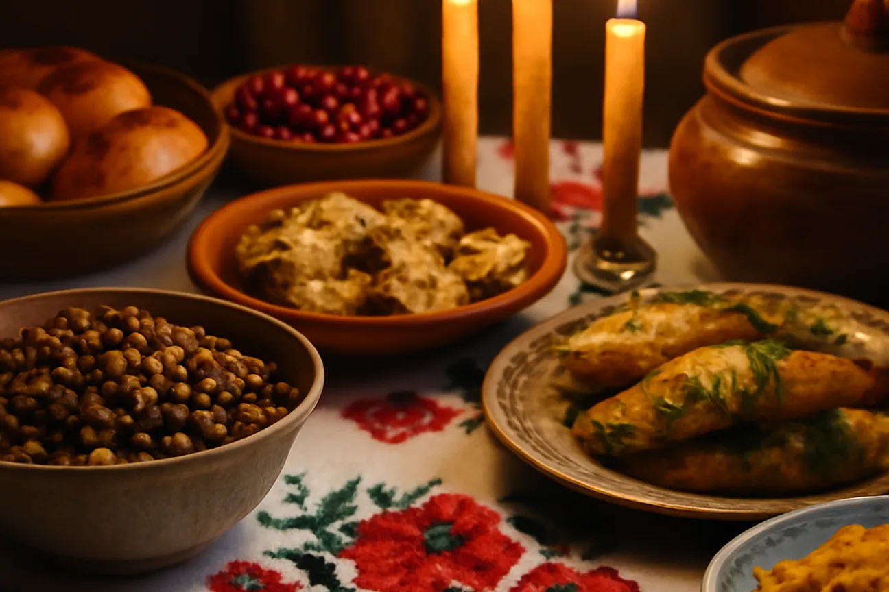 Table de fête pour le Noël orthodoxe russe avec plats traditionnels