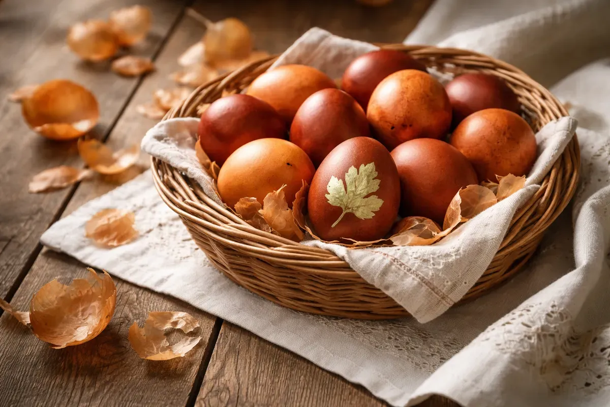 Natures mortes d'œufs durs teints brun acajou et ambre, dont un orné de l'empreinte blanche d'une feuille de persil, dans un panier d'osier garni de lin