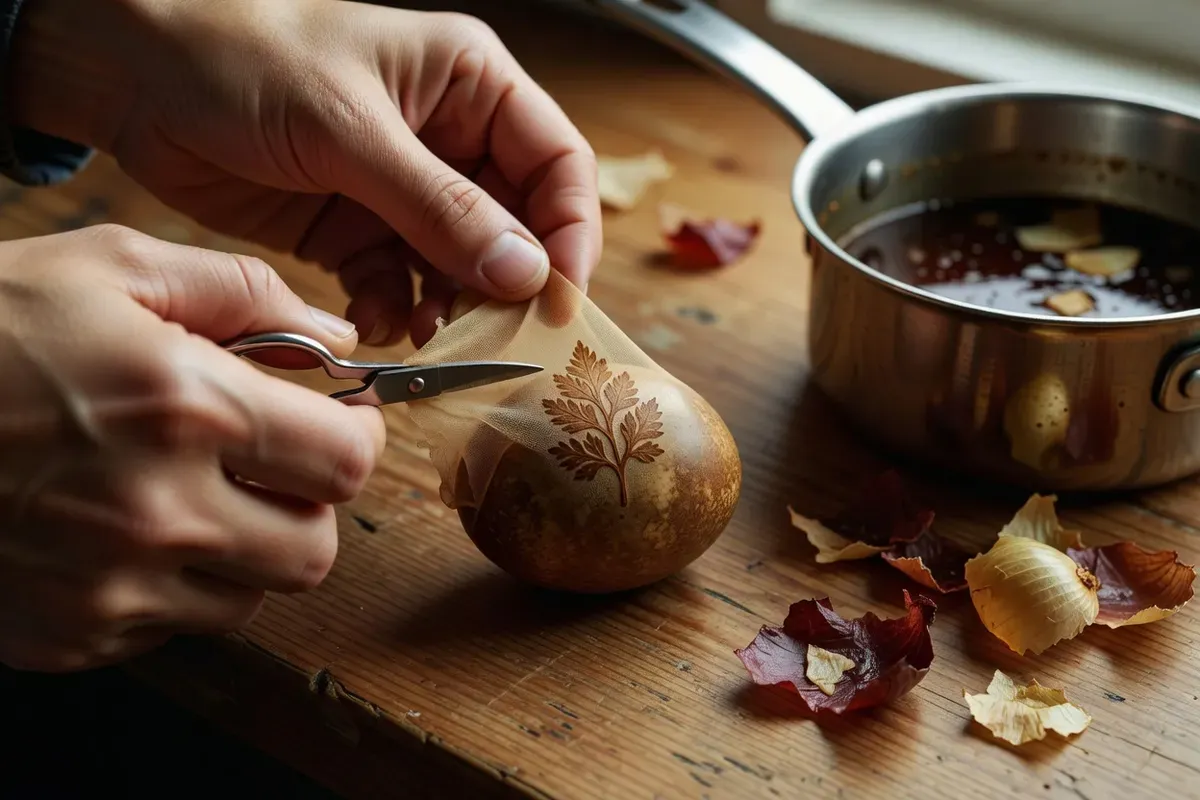 Mains retirant un morceau de collant noué sur un œuf teint brun, révélant une feuille plaquée contre la coquille, casserole de bain d'oignon en arrière-plan