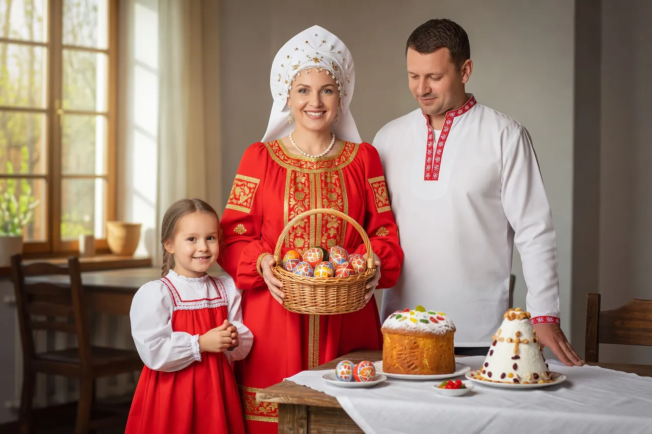 Famille slave en costume traditionnel pour célébrer Pâques orthodoxe