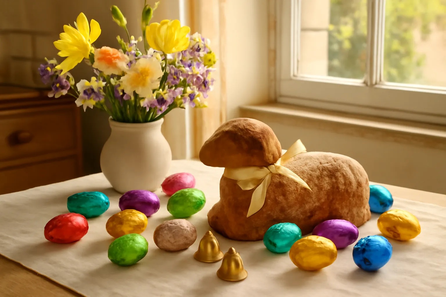 Table de Pâques catholique : agneau pascal, œufs en chocolat, clochettes et jonquilles printanières