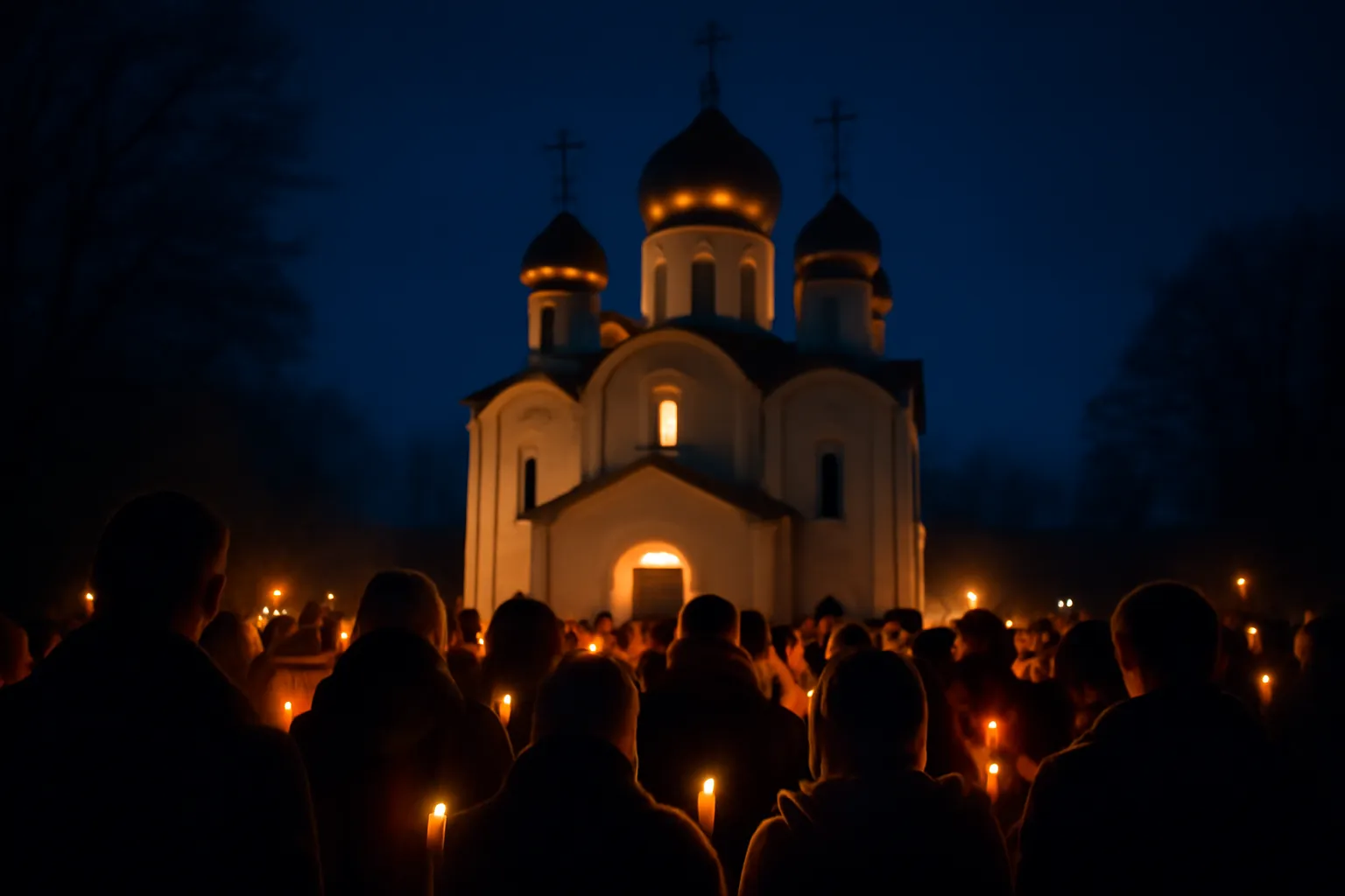 Procession pascale orthodoxe de nuit : fidèles aux cierges devant une église aux dômes dorés, veillée de Pâques 2027