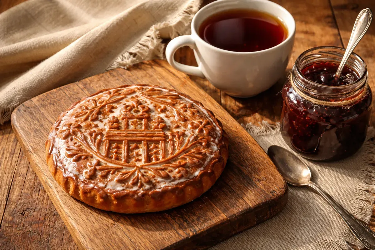 Pryanik de Toula rond et brillant, glacé au sirop, avec un motif en relief de blason, posé sur une planche en bois à côté d'une tasse de thé et d'un pot de confiture