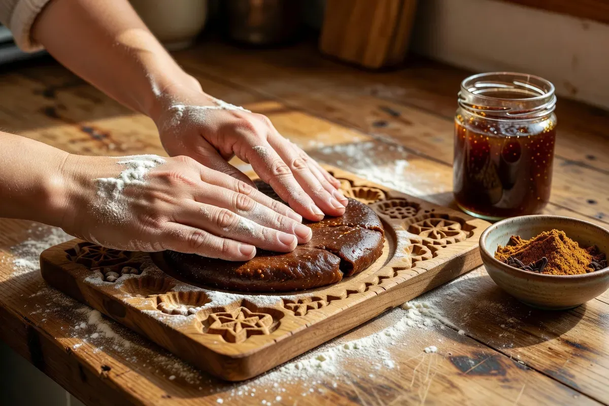 Mains pressant une abaisse de pâte au miel dans une planche de bois sculptée et farinée, sur un plan de travail en bois, avec un pot de confiture épaisse à côté