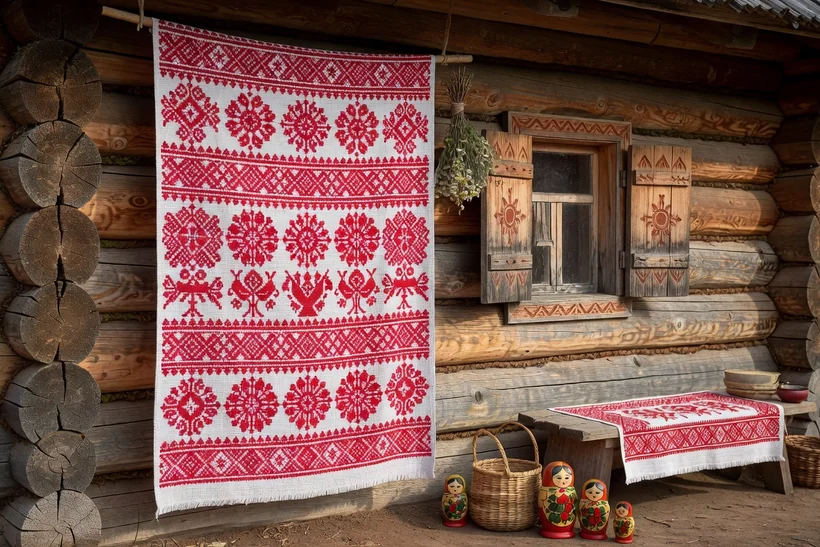 Métier et cadre de broderie avec un rouchnik de lin blanc en cours de réalisation, fils rouges et motifs géométriques slaves aux extrémités