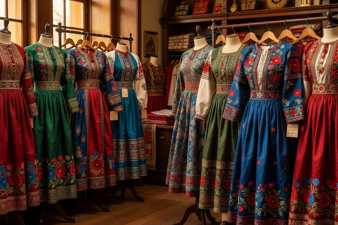 Collection de sarafanes russes en boutique spécialisée