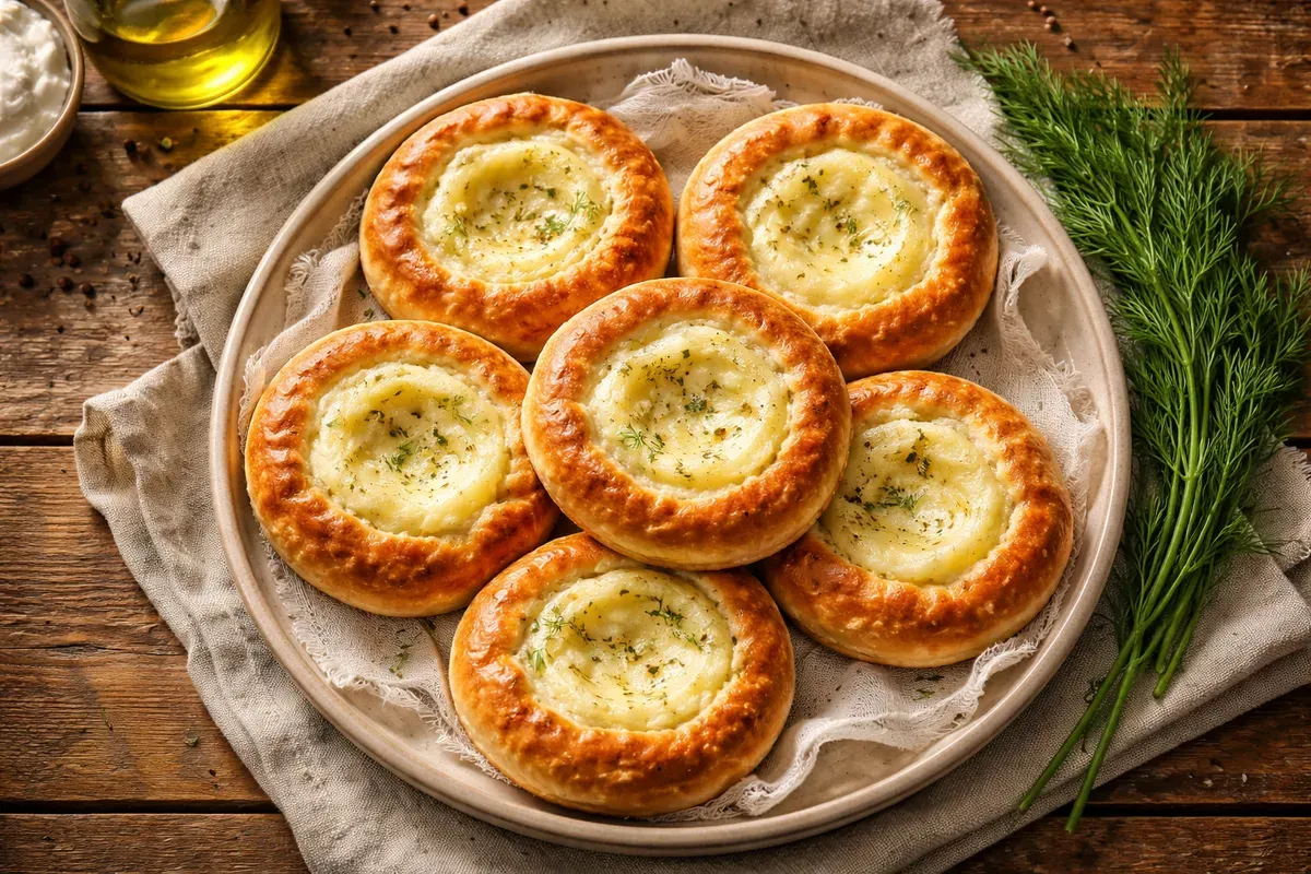 Plat de shangi dorées posées sur un linge de lin, galettes rondes à bord gonflé et purée de pommes de terre lisse au centre