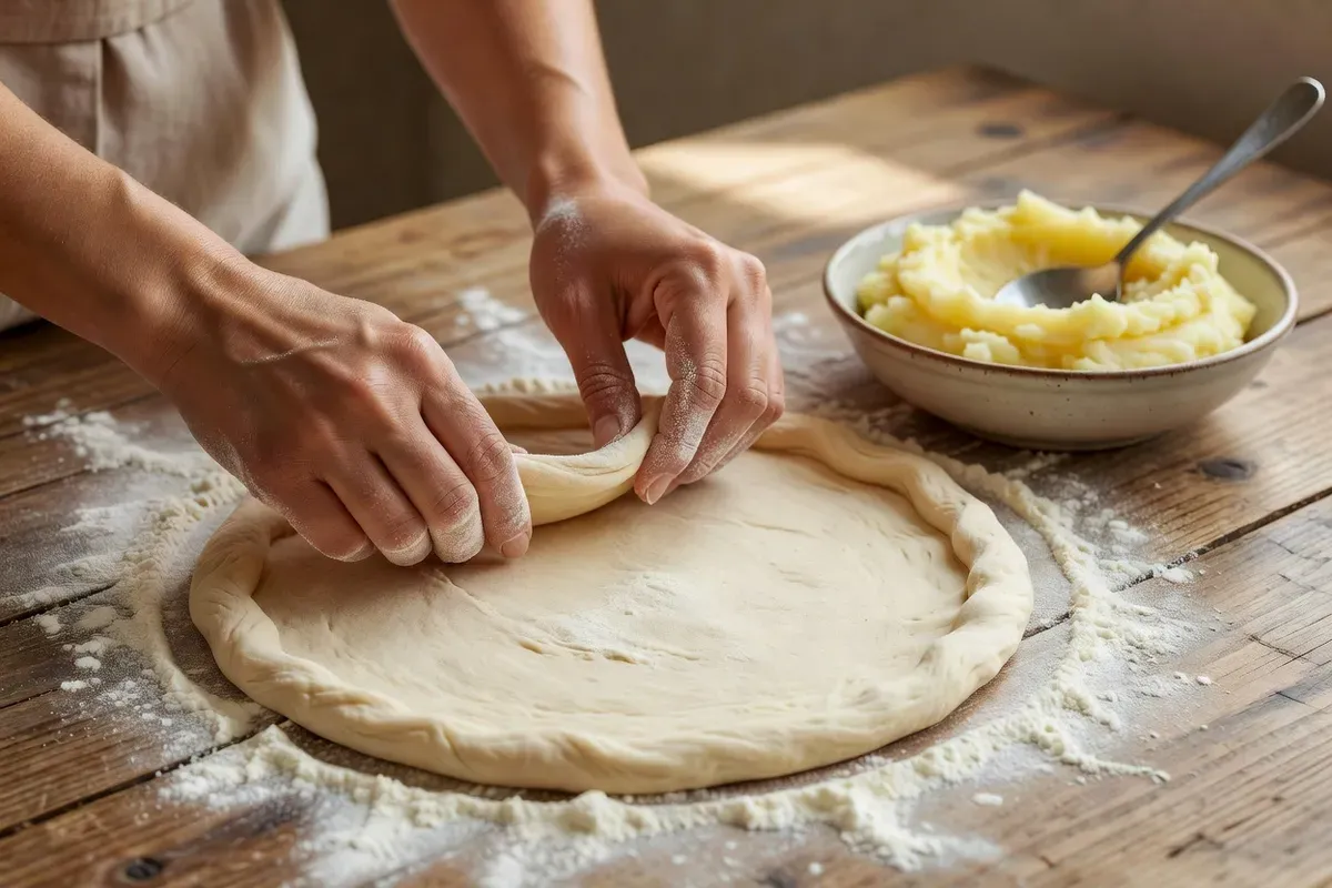 Mains façonnant une galette de pâte levée, pinçant le pourtour pour former le rebord avant de la garnir de purée