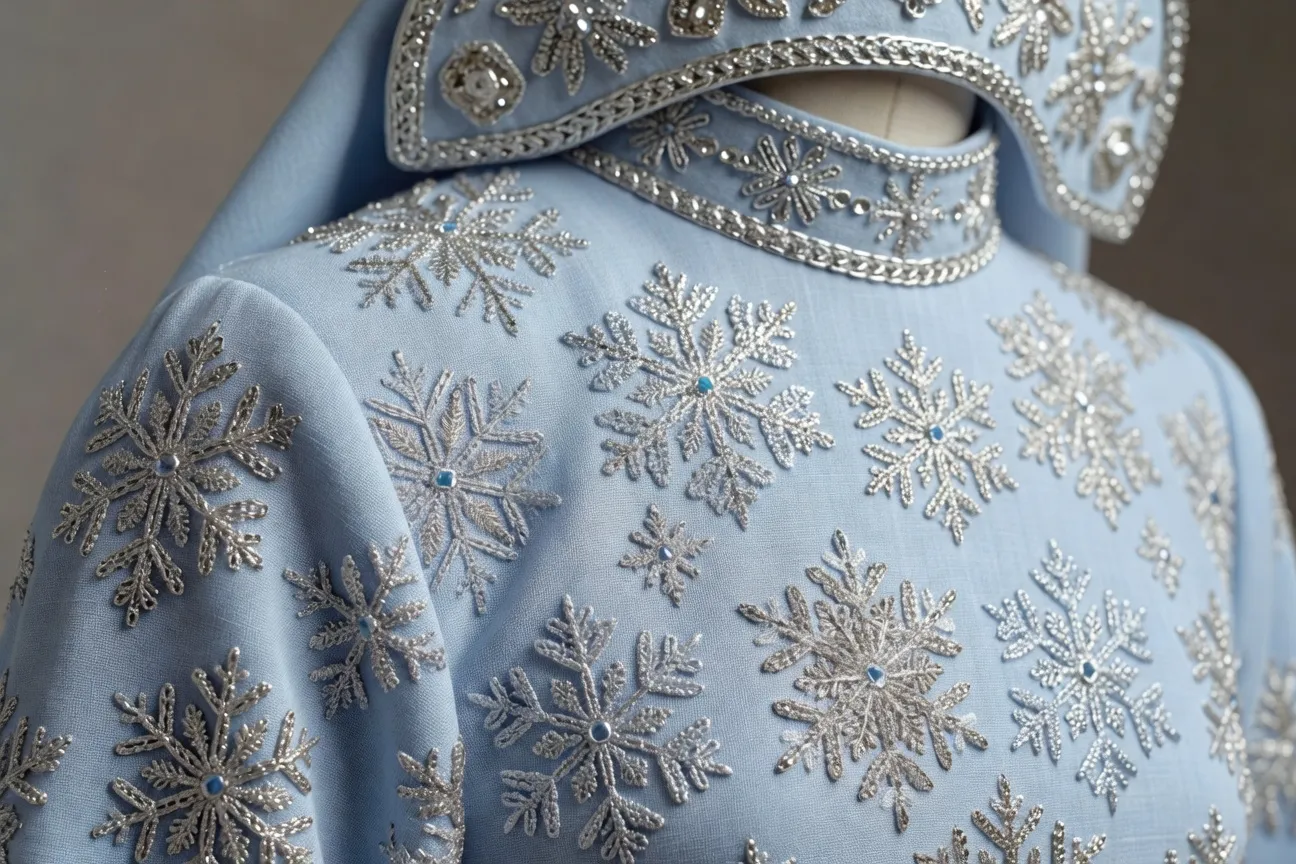 Détail du sarafane bleu brodé de Snégourotchka — motifs de flocons d'argent