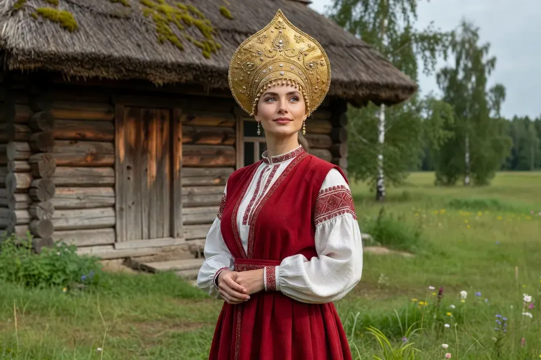 Costume traditionnel russe de la région de Moscou : sarafane rouge et kokochnik doré