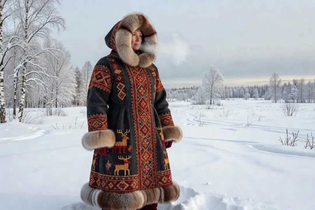 Costume traditionnel sibérien : manteau brodé à bordures de fourrure