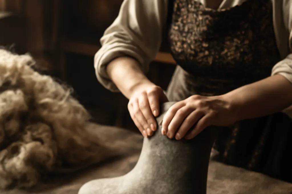 Artisane feutrant la laine sur une forme en bois pour fabriquer des valenki
