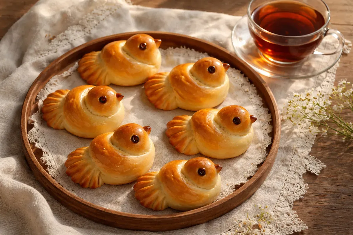 Plateau de petits pains levés en forme d'alouette, dorés, aux yeux de raisin sec, posé sur un linge de lin brodé près d'une tasse de thé noir