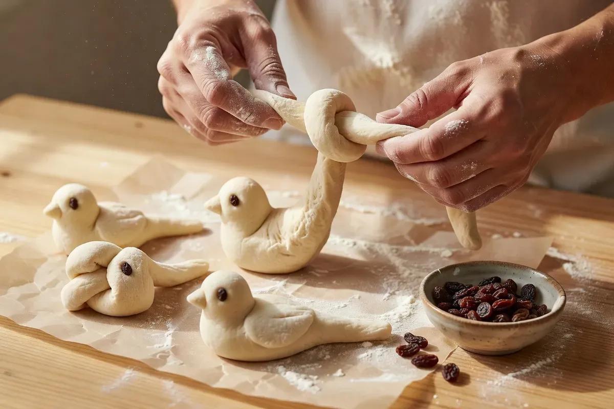 Mains farinées nouant un cordon de pâte levée pour former la tête et la queue d'un oiseau, sur un plan de travail en bois clair