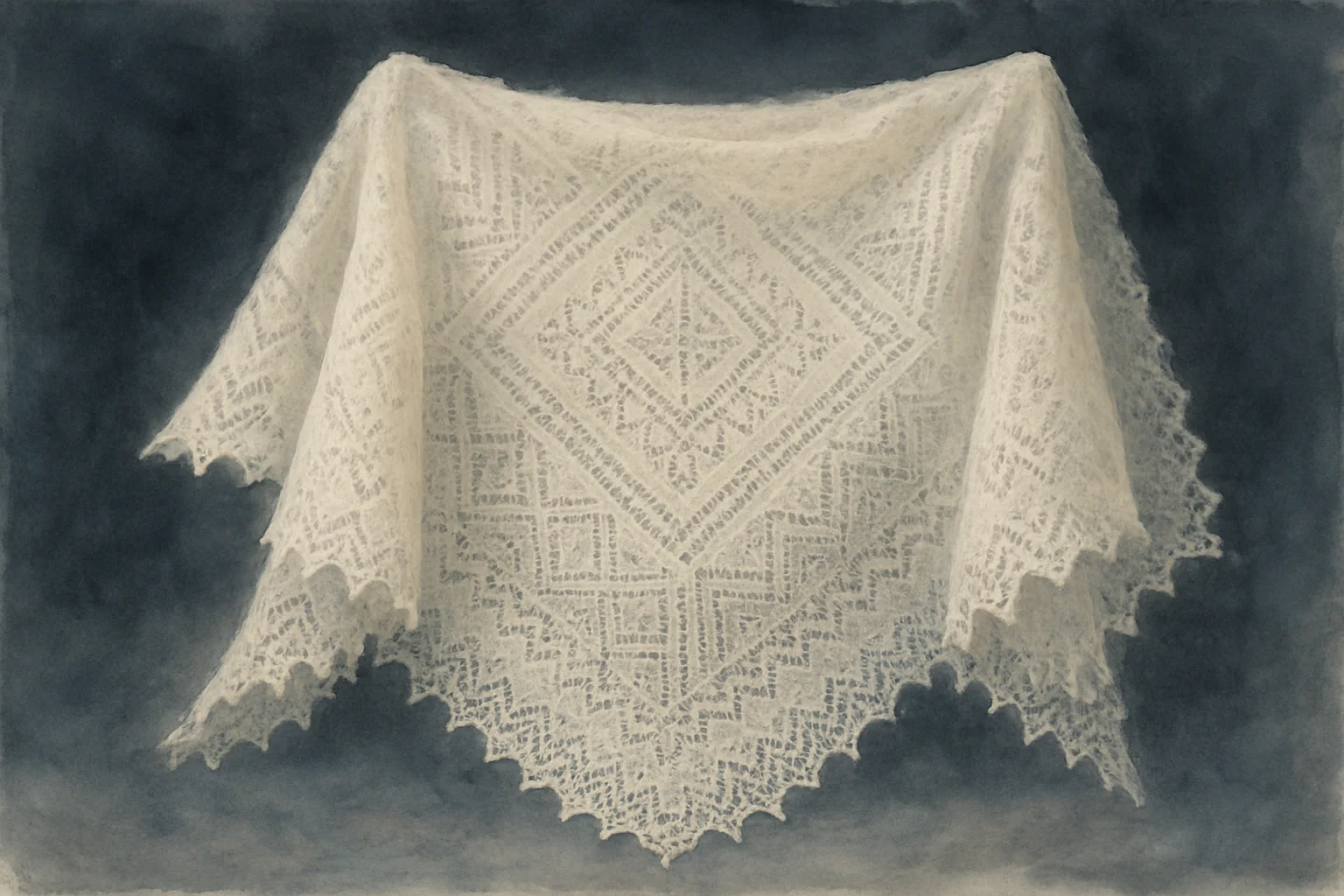 Chale d'Orenbourg en dentelle de duvet de chevre, si fin qu'il passe a travers une alliance, motifs geometriques delicats sur fond sombre