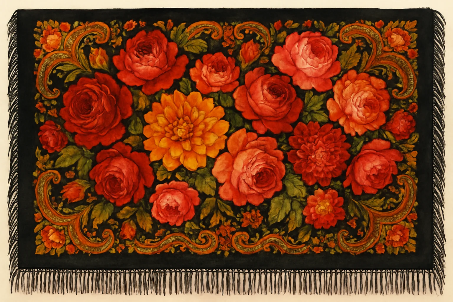 Chale de Pavlovo Possad deploye avec ses motifs floraux elabores : roses, pivoines et dahlias en rouge, cramoisi, or et vert sur fond noir avec bordure frangee