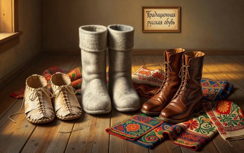 Chaussures traditionnelles russes : lapti en ecorce de bouleau, valenki en feutre blanc et bottes de cuir rouge disposees sur un banc en bois