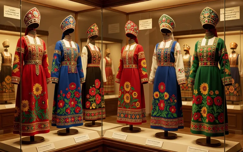 Costumes folkloriques russes traditionnels representant differentes regions : sarafane du Nord, poneva du Sud et kosovorotka masculine