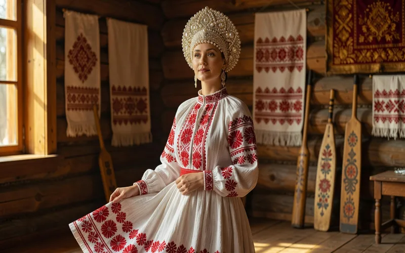Costume folklorique feminin du Nord de la Russie : sarafane droit blanc en lin avec broderies rouges geometriques et kokochnik