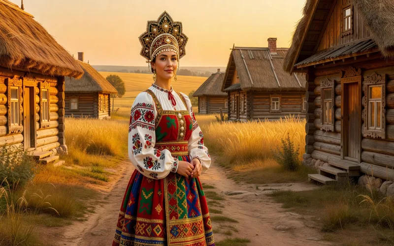 Costume folklorique feminin du Sud de la Russie : poneva a carreaux avec navershnik brode et coiffe ornee de rubans