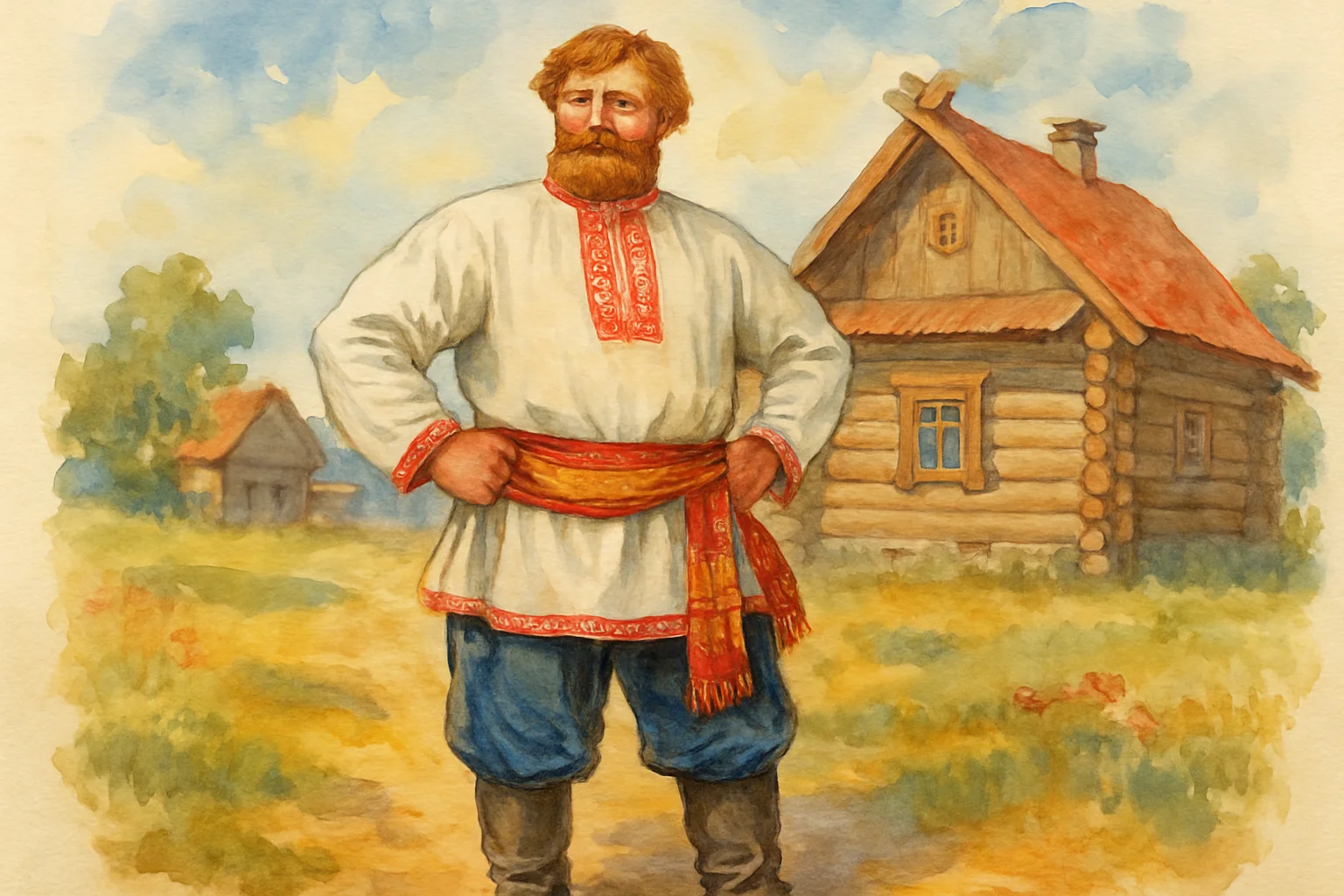 Homme en costume traditionnel russe : kosovorotka blanche brodee, ceinture et bottes