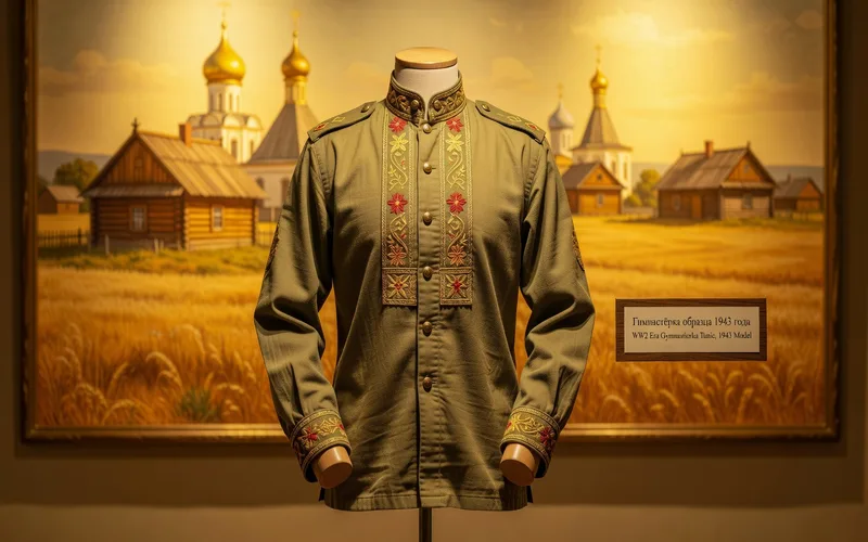 Gymnastiorka militaire russe authentique : tunique kaki a col montant avec fermeture laterale, pattes d'epaule et ceinture de cuir