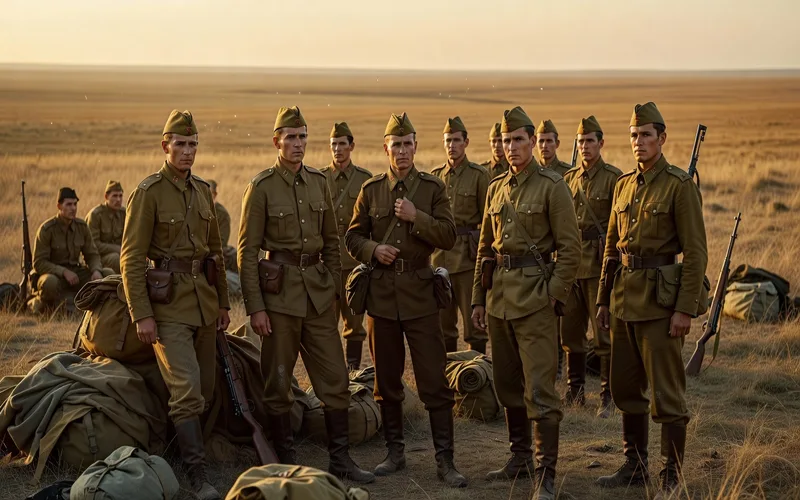 Soldats sovietiques portant la gymnastiorka pendant la Seconde Guerre mondiale, avec casque et equipement de campagne