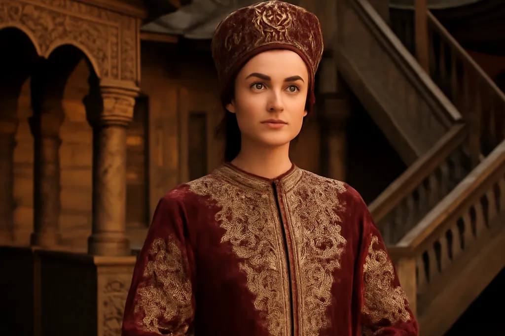 Femme en caftan russe traditionnel brodé, décor de cour intérieure historique