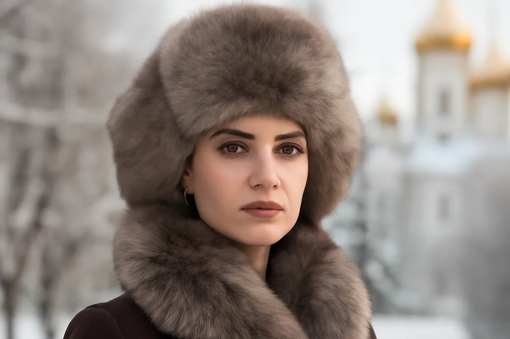 Femme portant une chapka ouchanka en fourrure, décor hivernal russe avec dômes dorés