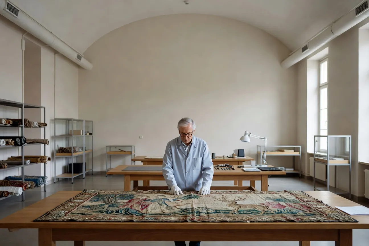 Portrait du conservateur-restaurateur Bernard Lecointre examinant un costume russe ancien, visage entier visible