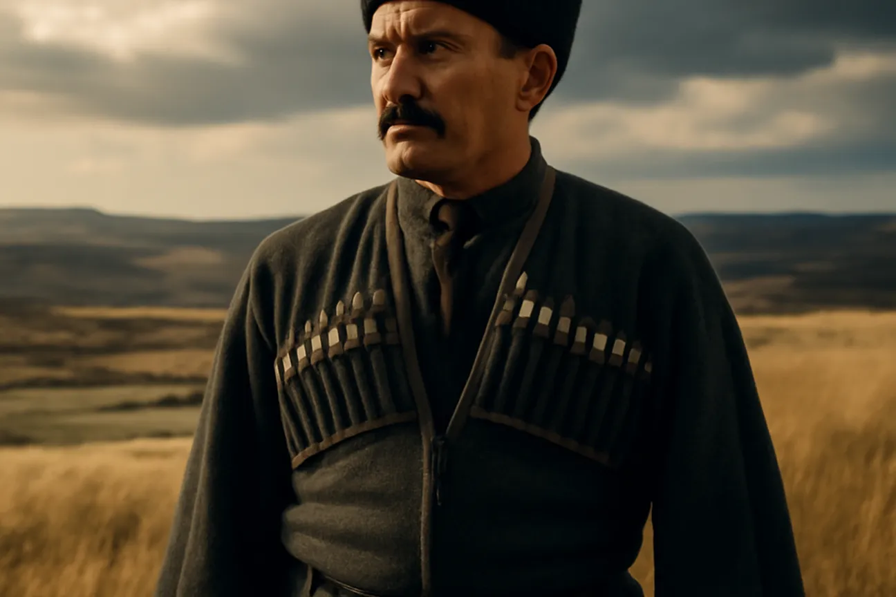 Cosaque en tenue traditionnelle tcherkeska avec cartouchières et papaha