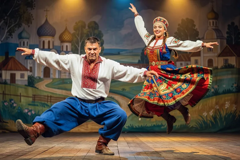 Danseurs de plyaska en costumes folkloriques russes brodés