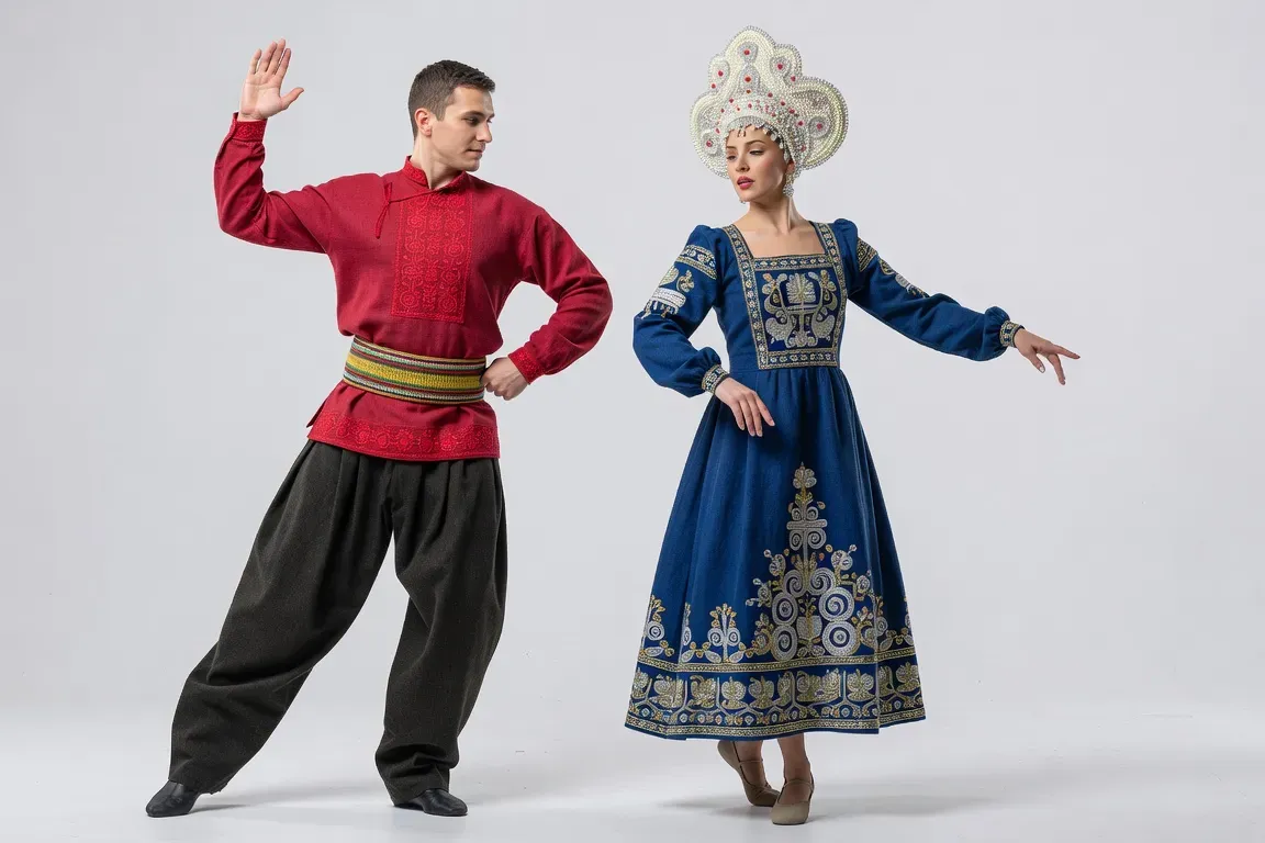 Danseurs de plyaska en costumes folkloriques russes traditionnels — kosovorotka brodée et sarafane coloré