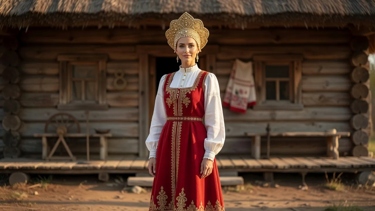 Femme en costume traditionnel russe du Nord, sarafane rouge brodé et coiffe kokoshnik