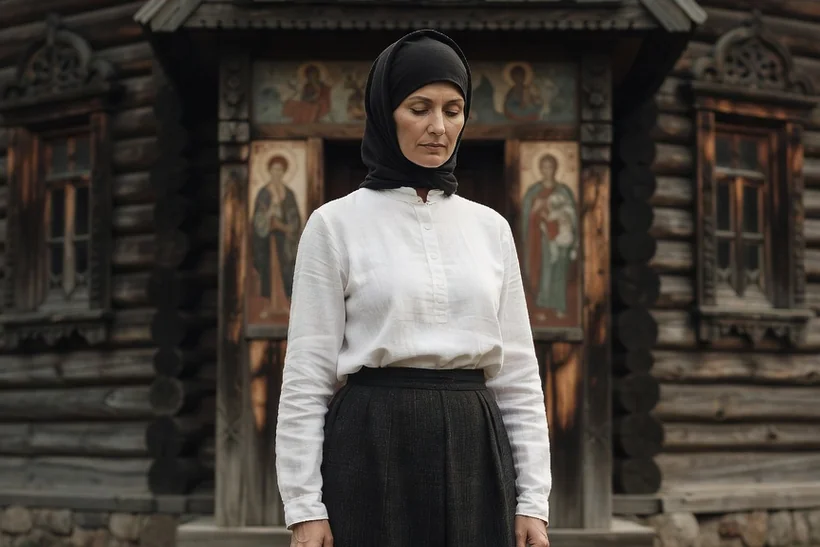 Femme vieux-croyante en foulard noir, chemise blanche et longue jupe sombre devant une église en bois ornée d'icônes