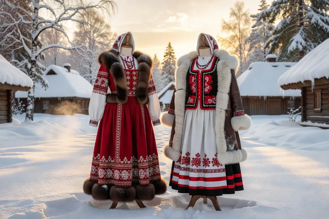Costumes traditionnels de fête d'hiver slaves, sarafane russe et costume régional polonais bordés de fourrure dans un village enneigé