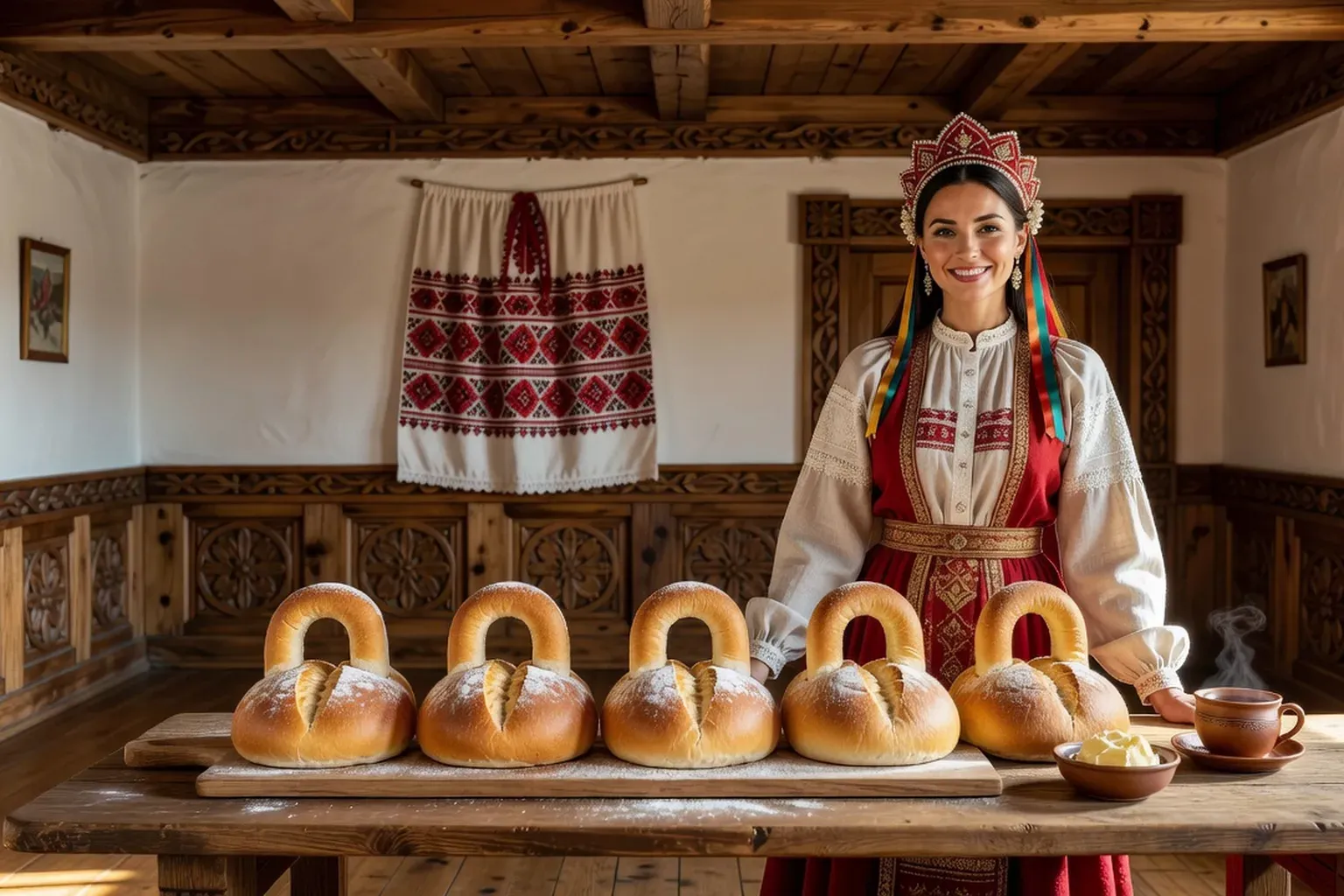 Femme en costume russe traditionnel souriant derrière une table en bois dans une izba, devant un plateau de pains blancs en forme de cadenas avec une anse