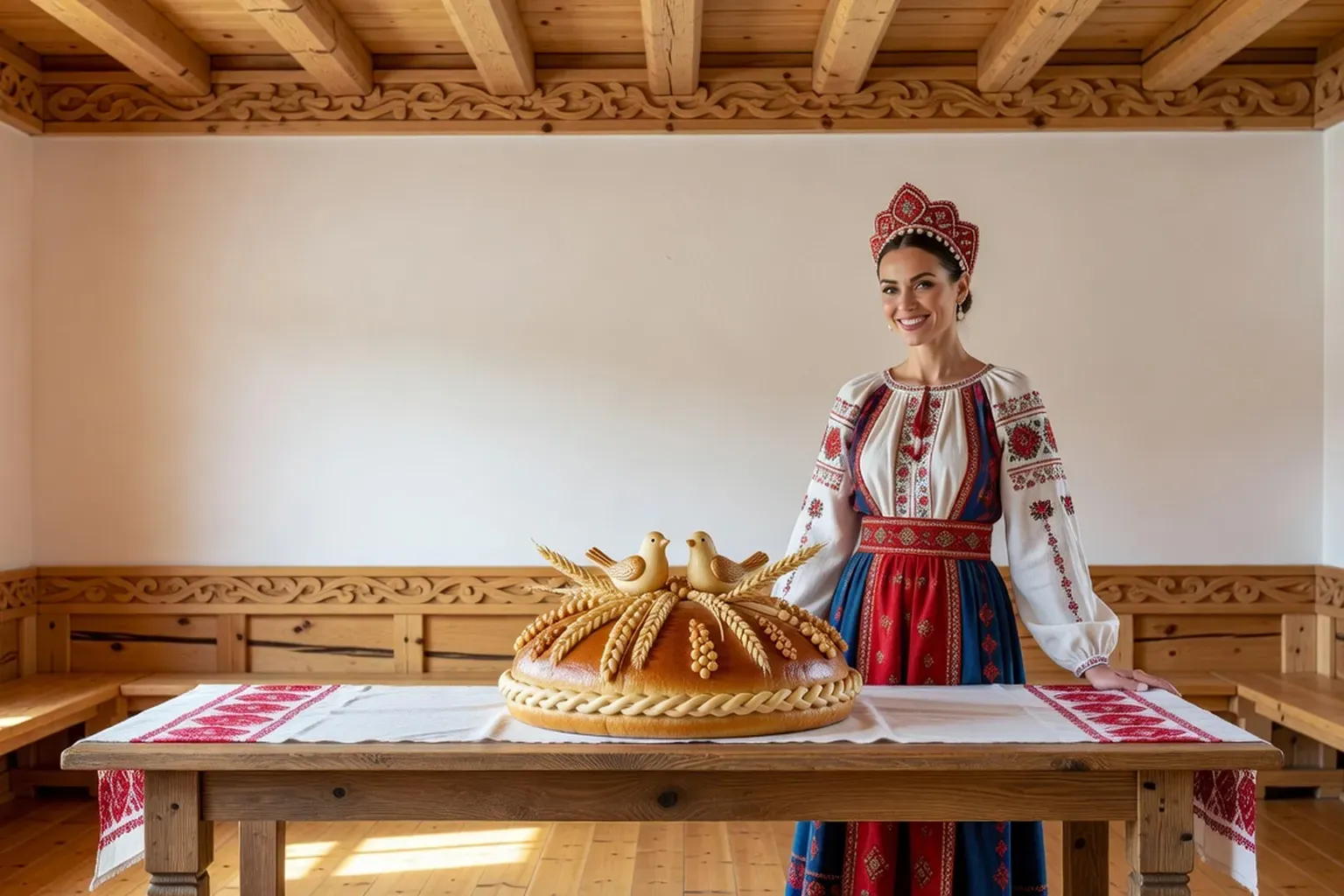 Femme en costume russe traditionnel derrière une table en bois de l'izba, présentant un grand karavaï rond décoré d'oiseaux et d'épis de pâte, posé sur un rouchnik brodé