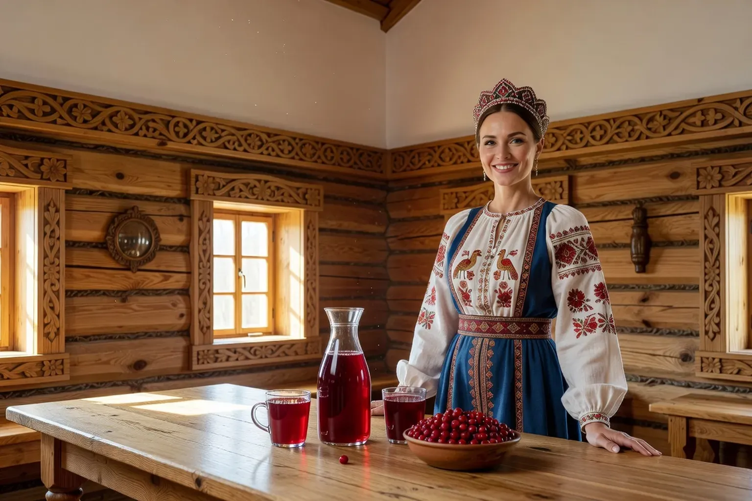 Femme adulte en sarafane brodé et kokochnik souriant derrière une table en bois, dans une isba claire, devant une carafe de kissel rouge, deux verres remplis et un bol de canneberges fraîches