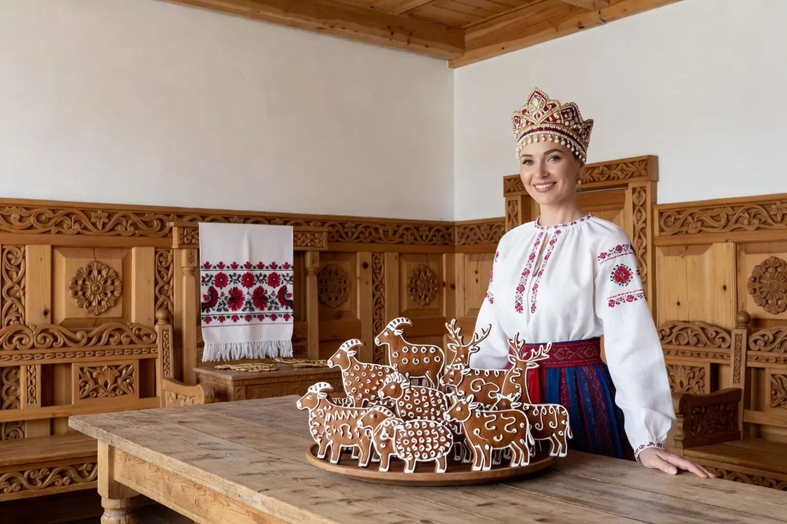 Femme adulte en sarafane brodé et kokochnik souriant derrière une table en bois, dans une isba claire, devant un plat de biscuits kozouli en forme d'animaux glacés de blanc
