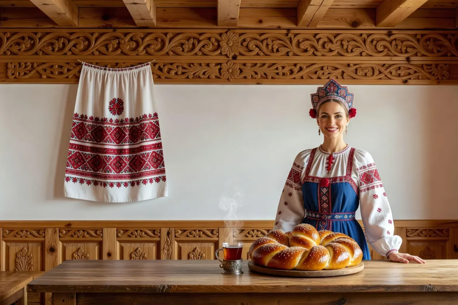 Femme adulte en costume folklorique russe brodé et coiffe de fête, souriante derrière une longue table de bois dans une izba, avec une grande brioche tressée en forme de bretzel glacée de sucre brun