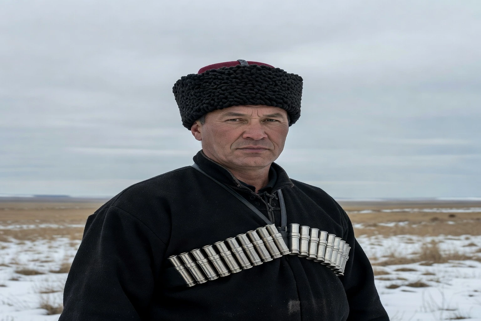 Cosaque du Kouban en tcherkeska noire garnie de gazyri argentés, coiffé d'une kubanka d'astrakan noir à calot rouge