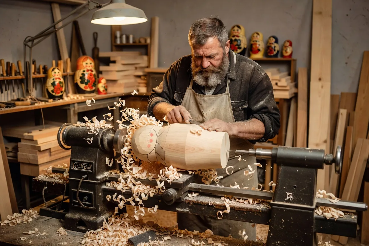 Artisan tournant une poupée matriochka en bois de tilleul sur un tour traditionnel