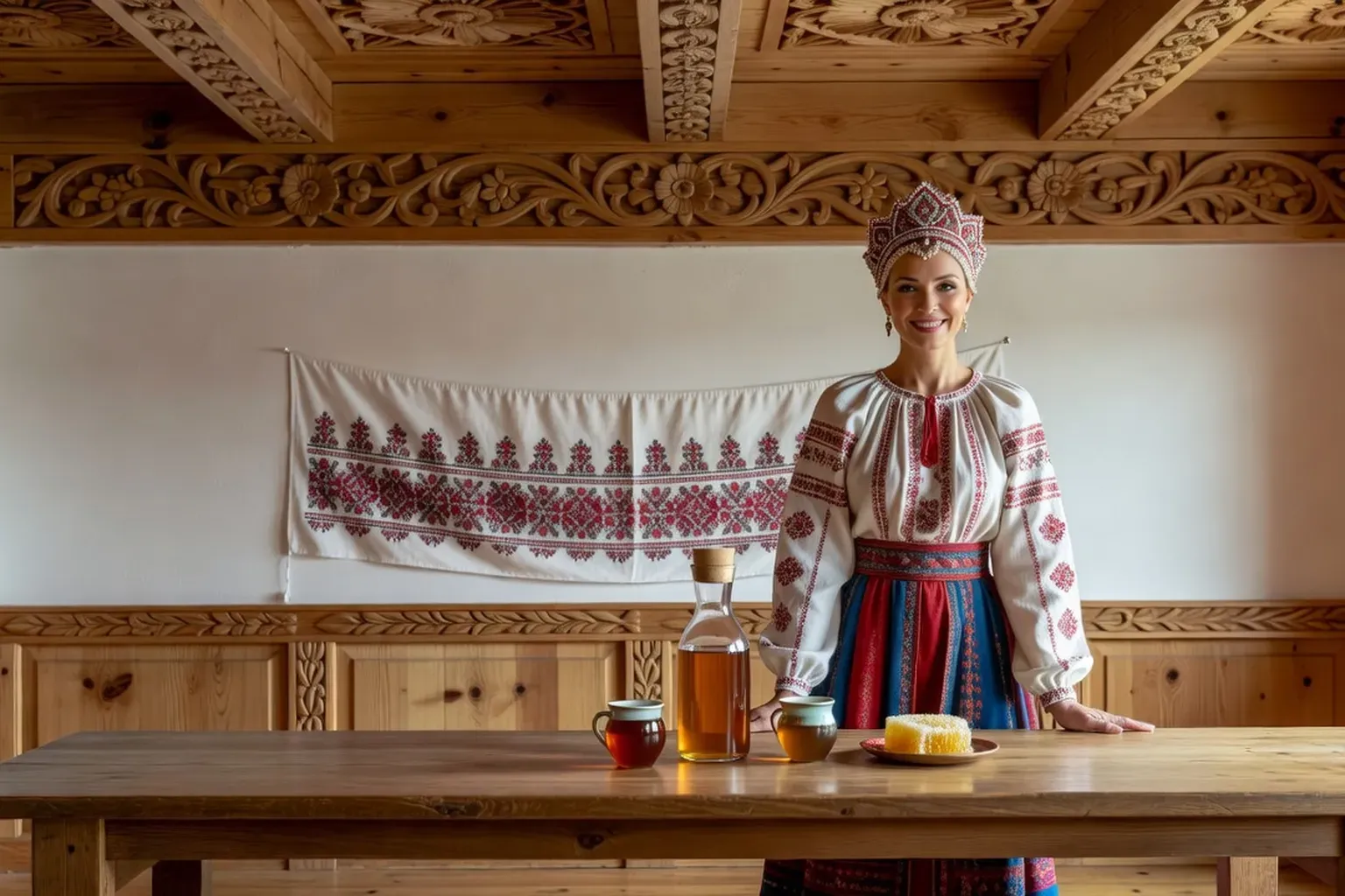 Femme adulte en costume traditionnel russe avec sarafane et kokoshnik, souriante derrière une longue table en bois dans une izba, devant une carafe de medovoukha ambrée et deux petites coupes