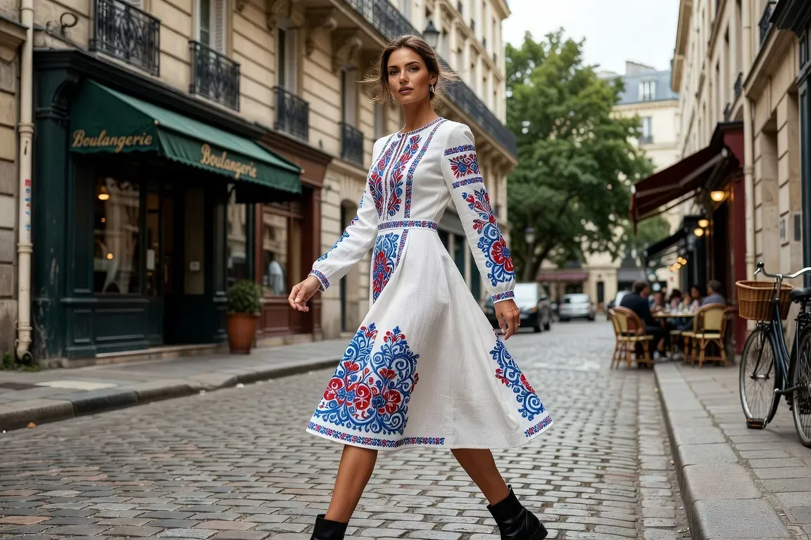 Mannequin en robe contemporaine inspirée des traditions russes, style parisien
