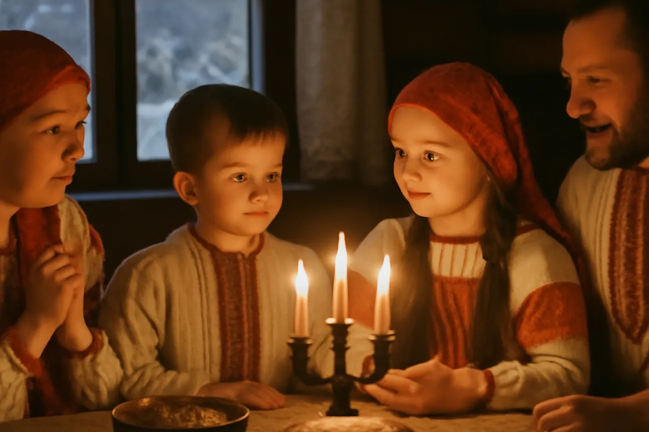 Famille russe en costumes traditionnels de fête lors de la veillée de Noël orthodoxe