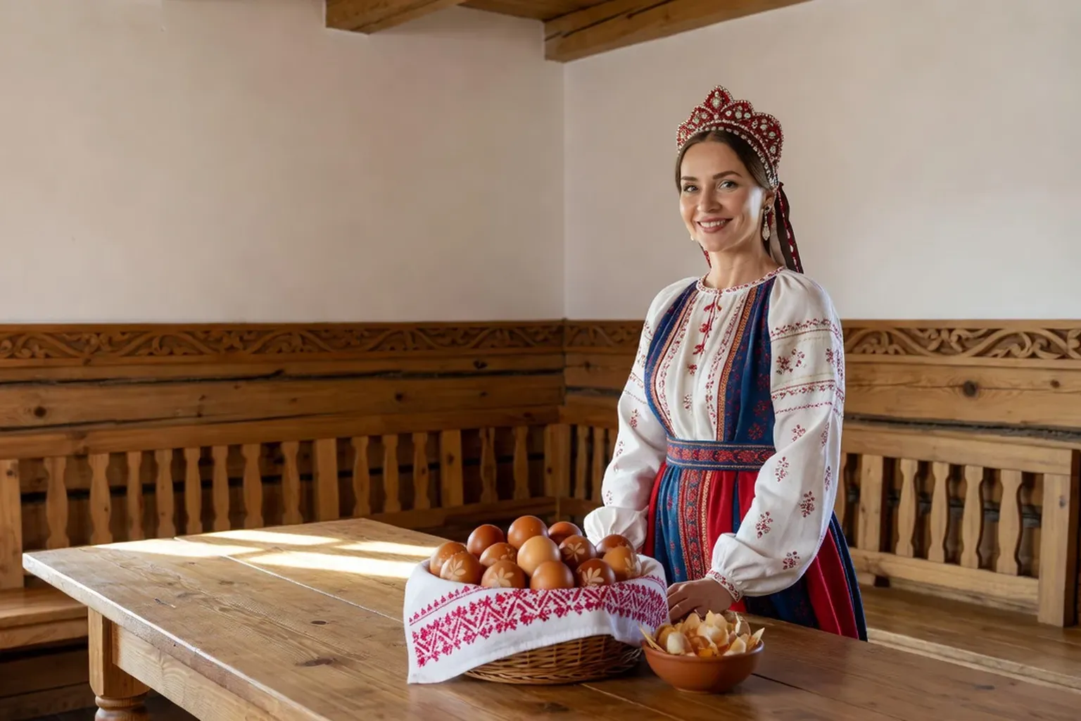 Femme en costume russe traditionnel souriante derrière une table en bois de l'izba, devant un panier de linge brodé rempli d'œufs de Pâques bruns acajou et dorés