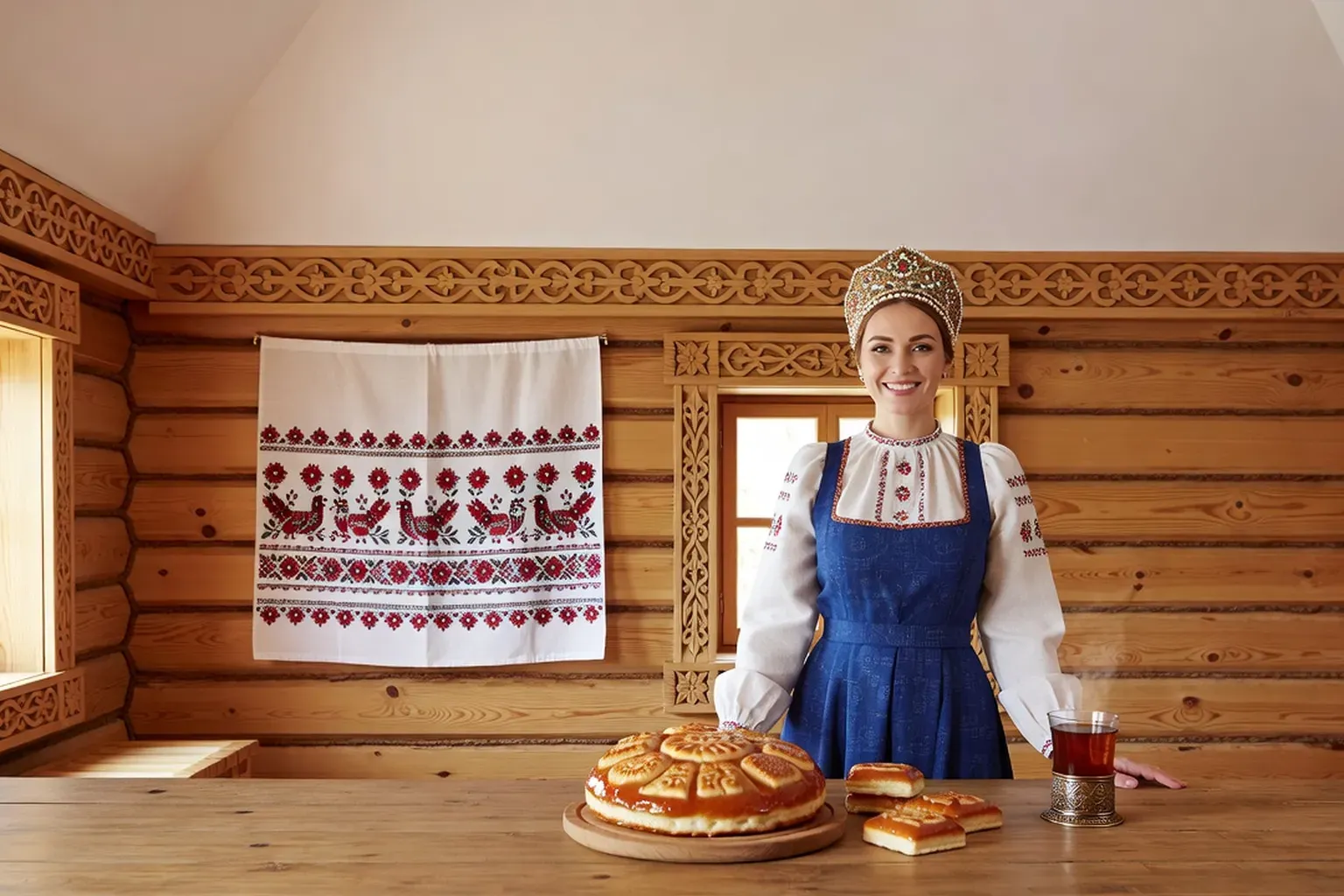 Femme adulte en costume traditionnel russe avec sarafane et foulard de fête, souriante derrière une longue table en bois dans une izba, devant un pryanik rond de Toula glacé au motif imprimé